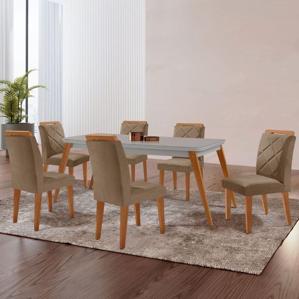 Mesa Copper 180cm Mdf Vidro E 6 Cadeiras Melissa Vel Capuccino /off /naturale /serig Off Com Vidro