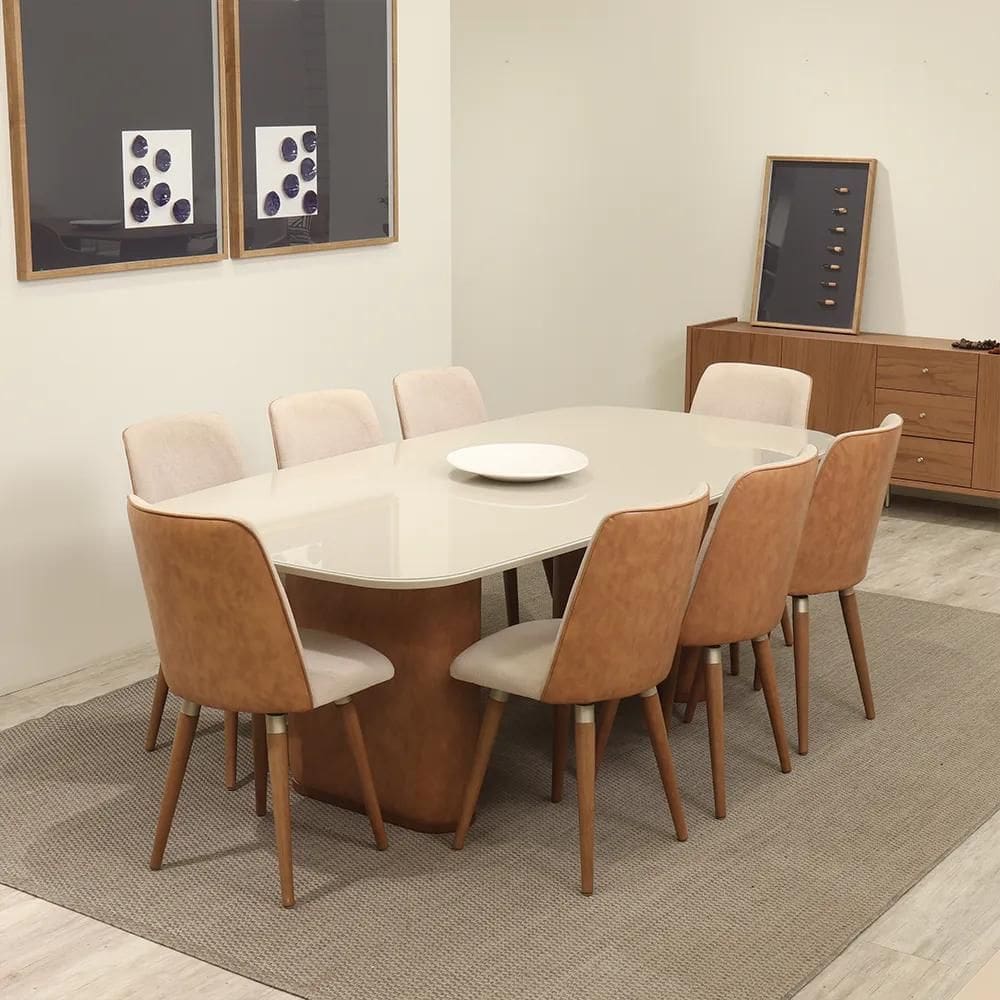 Conjunto de Jantar Mesa Retangular com Vidro Lintz com 8 Cadeiras Giratória Dakota - Canella c/ Caramelo