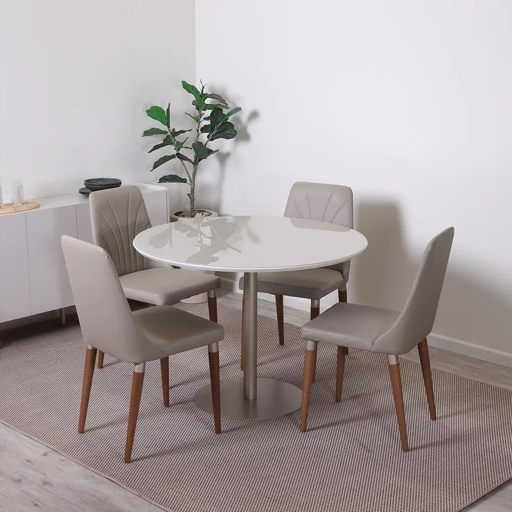 Conjunto de Jantar Mesa Redonda com Vidro Cloe 4 Cadeiras Lara - Off White