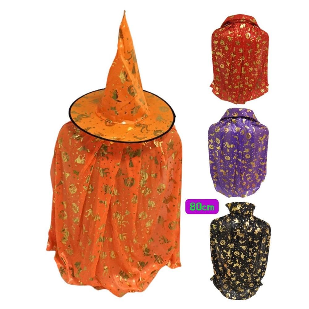 Fantasia Halloween Bruxa Mago – Kit Chapéu + Capa 80 cm Modelos Variados