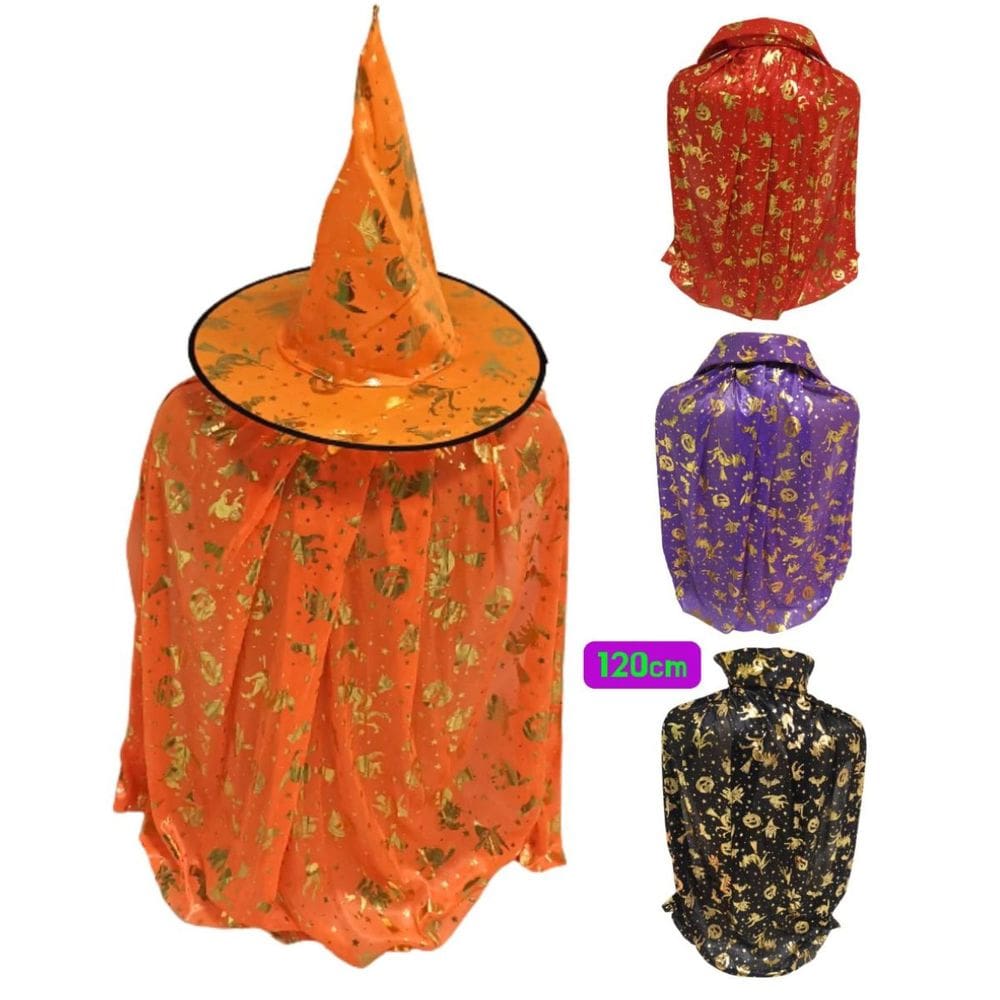 Fantasia Halloween Bruxa Mago – Chapéu + Capa 120 cm Modelos Variados