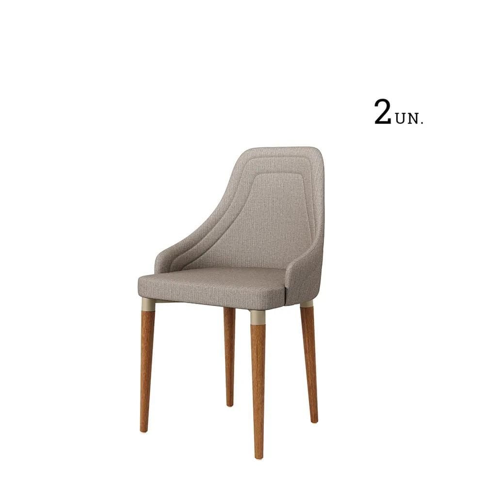 Kit de 2 Cadeiras de Madeira Maciça Estofada Evelyn - Natural c/ Linho Mescla Cinza - Champanhe