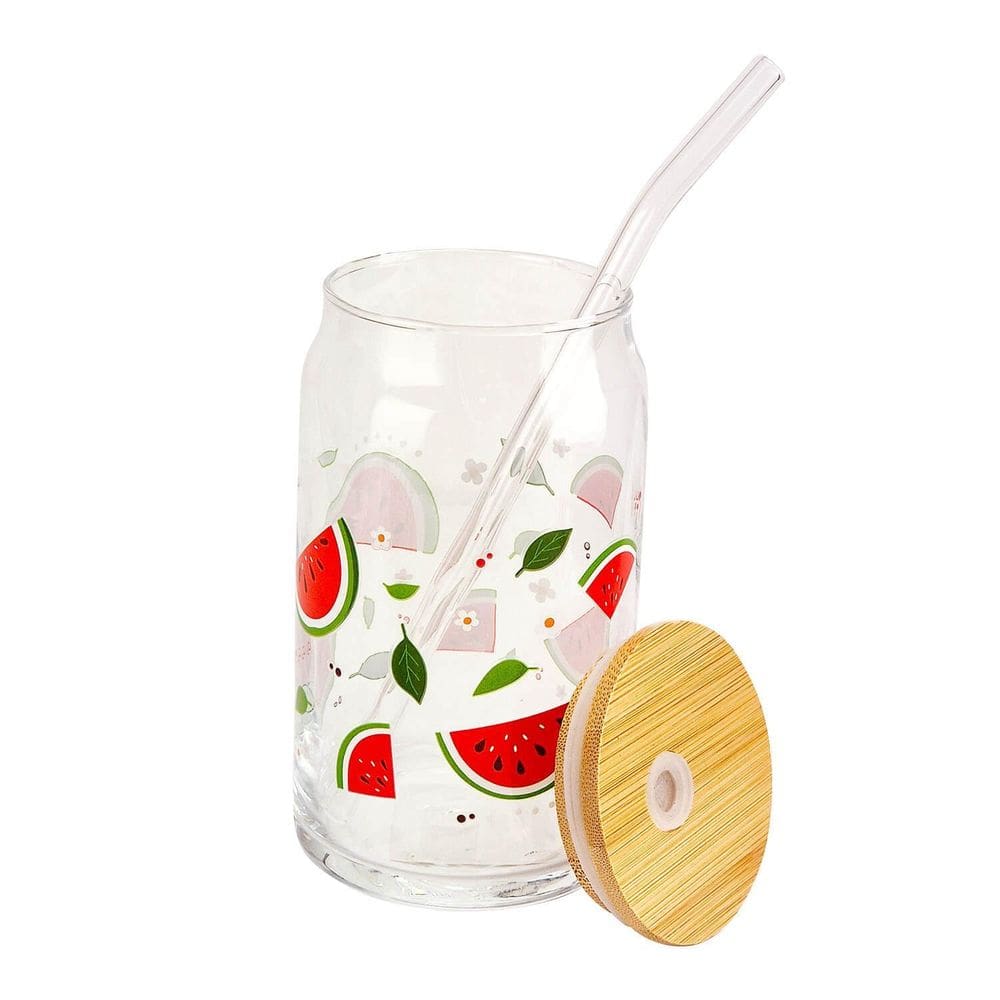 Copo De Vidro Com Canudo Tampa De Bambu Frutas