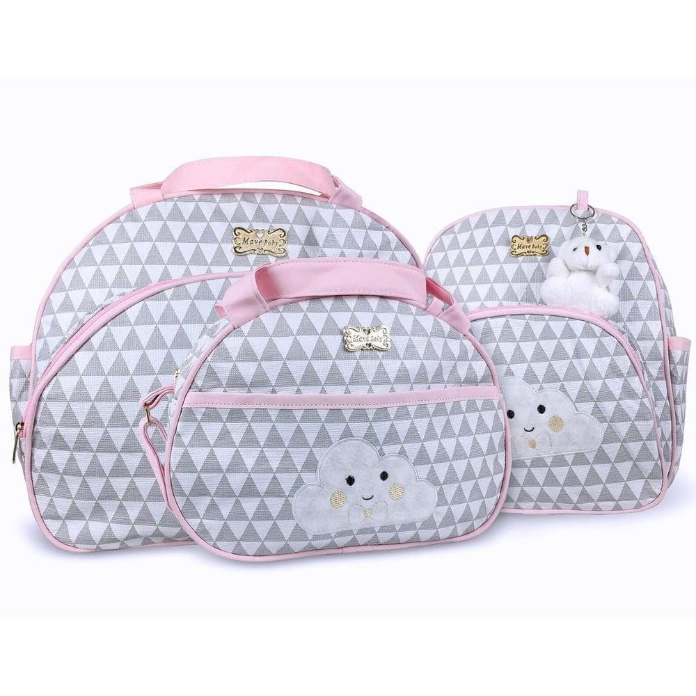 Kit Bolsas E Mochila Bebê Mave Baby Prisma Cinza E Rosa