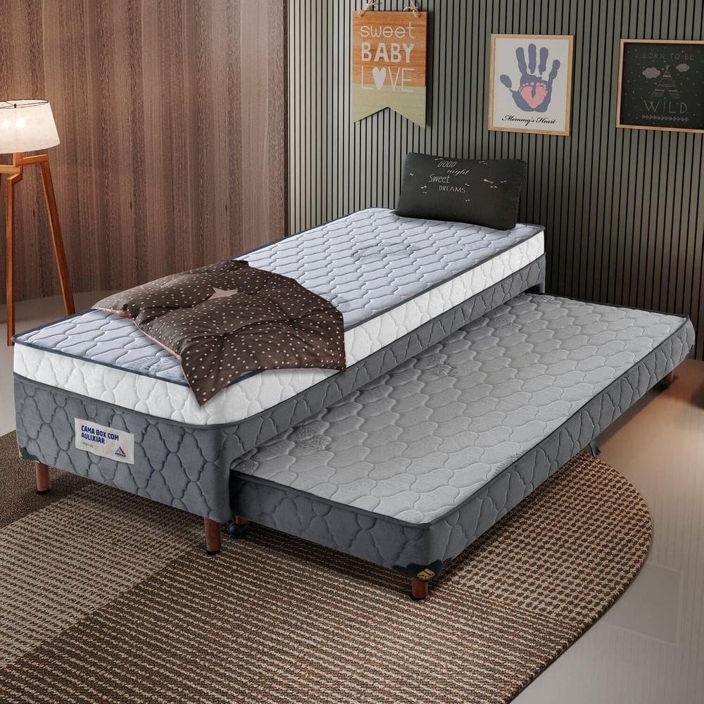 Cama Box Solteiro com Cama Auxiliar 100% Poliéster 88x55cm Vitta Branco Gelo / Cinza Claro