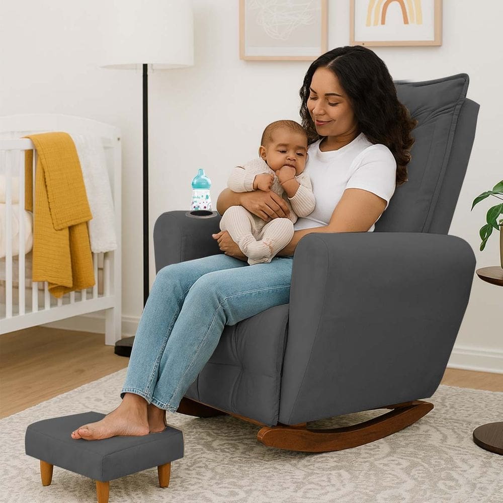 Poltrona Cadeira de Amamentação Balanço e Puff Ternura Grafite