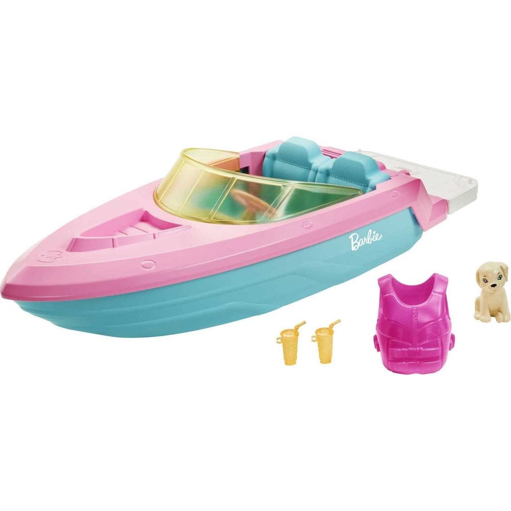 Barbie de brinquedo com cachorrinho de estimação, colete salva-vidas e acessórios para bebidas