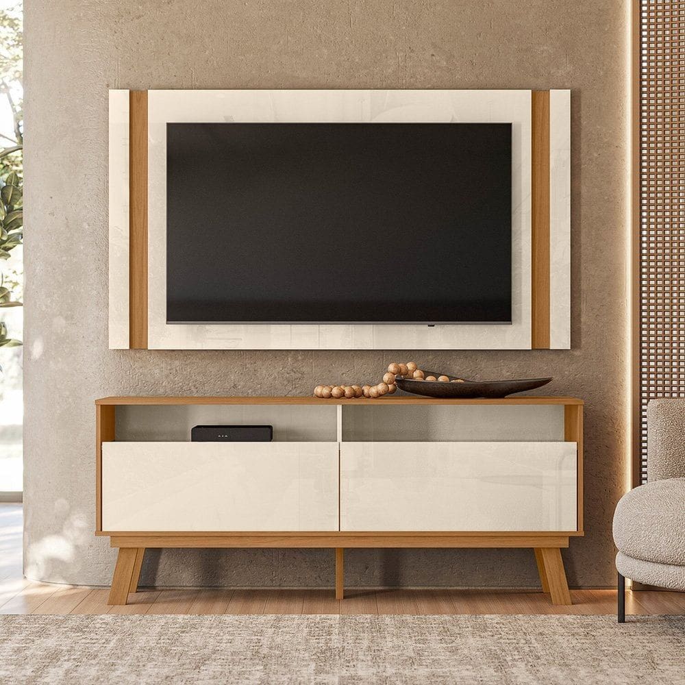 Rack com Painel para TV até 65 Polegadas Real Olinda Perola Metalizado / Amendoa