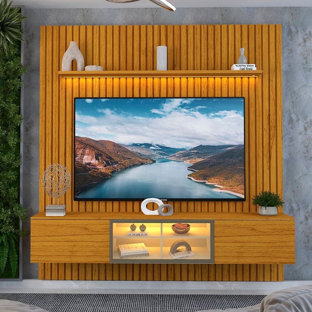 Estante Home para Tv 84 Polegadas Ripada 3 Portas com Led 228,8cm 100% Mdf Nobre Clean/luminare Naturale