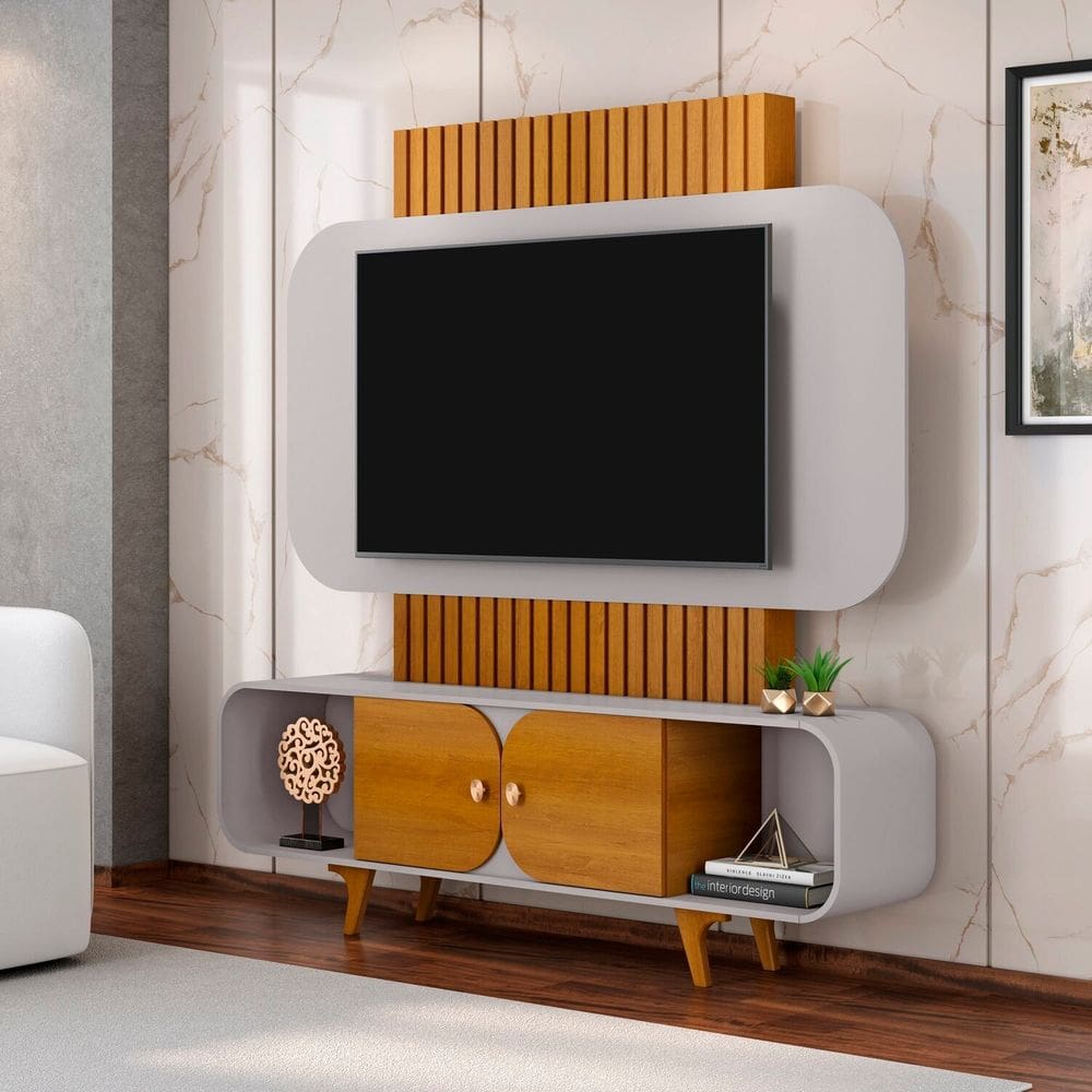 Estante para Tv 75 Polegadas Pés em Madeira Maciça Embaú Off White/Naturalle