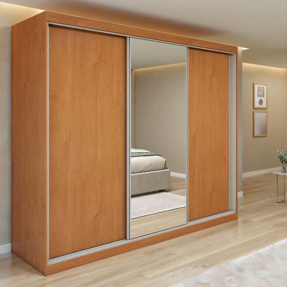 Guarda-roupa Nord 3 Portas 1 Porta Glass 4 Gavetas 100% Mdf Quadrix Amêndoa Clean/Off White