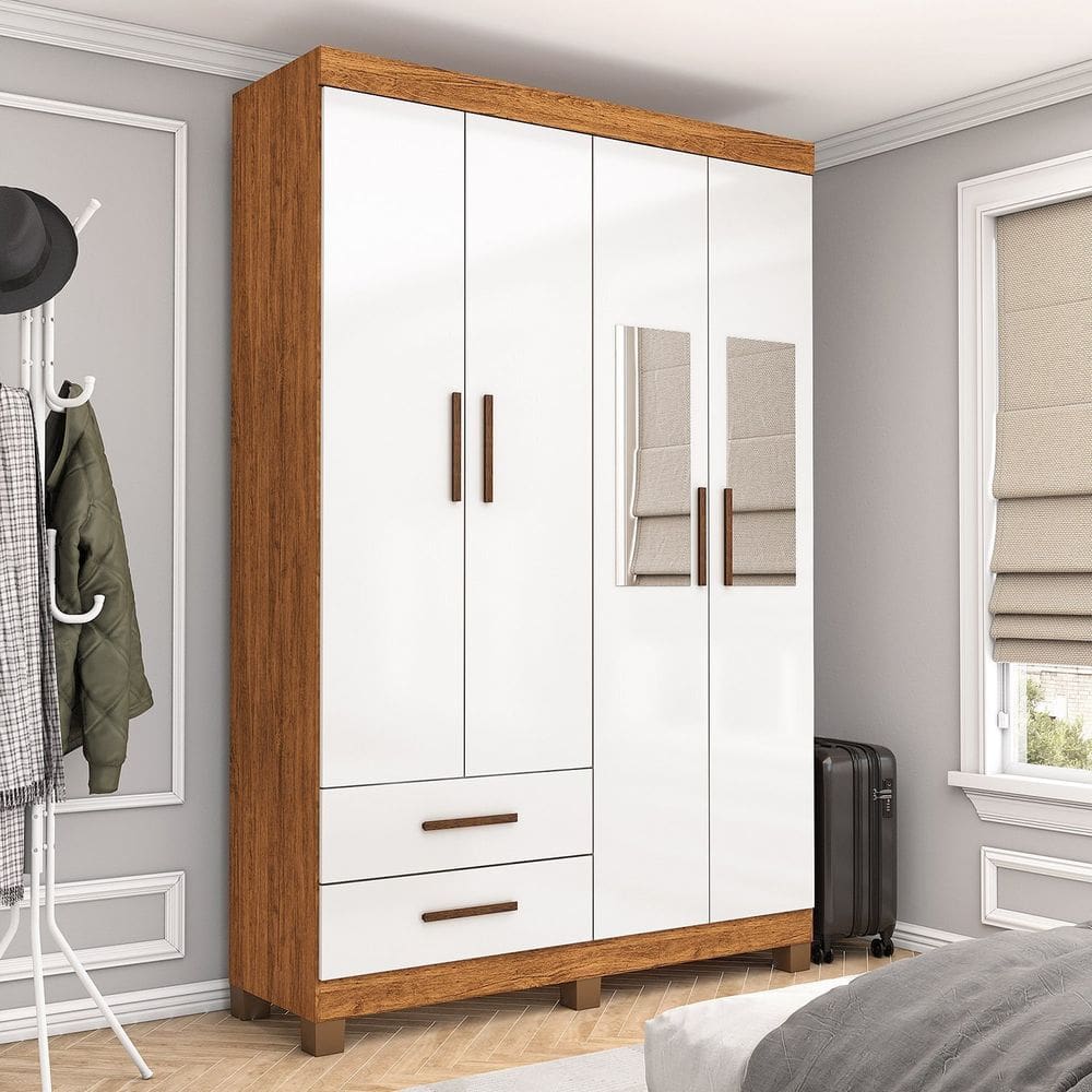 Guarda-roupa 4 Portas 2 Gavetas com Espelho e Pés Genova Cinamomo/Branco