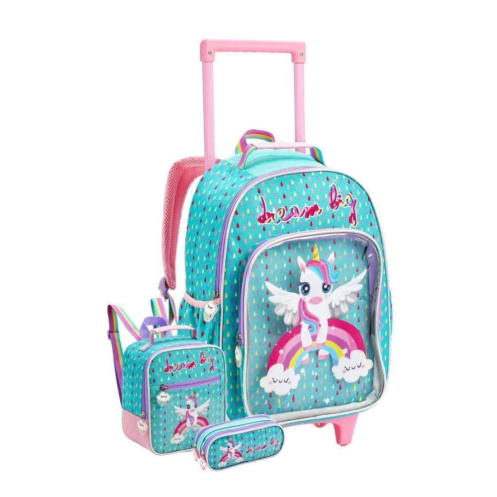 Kit Escolar Mochila Rodas+Lancheira+Estojo Unicórnio - Verde
