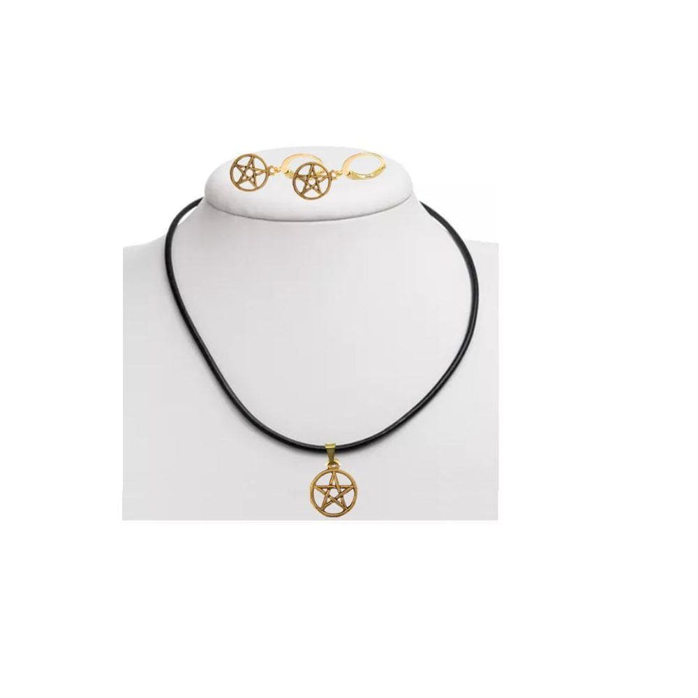 Conjunto Colar E Brinco Pentagrama Prateado Pequeno Delicado