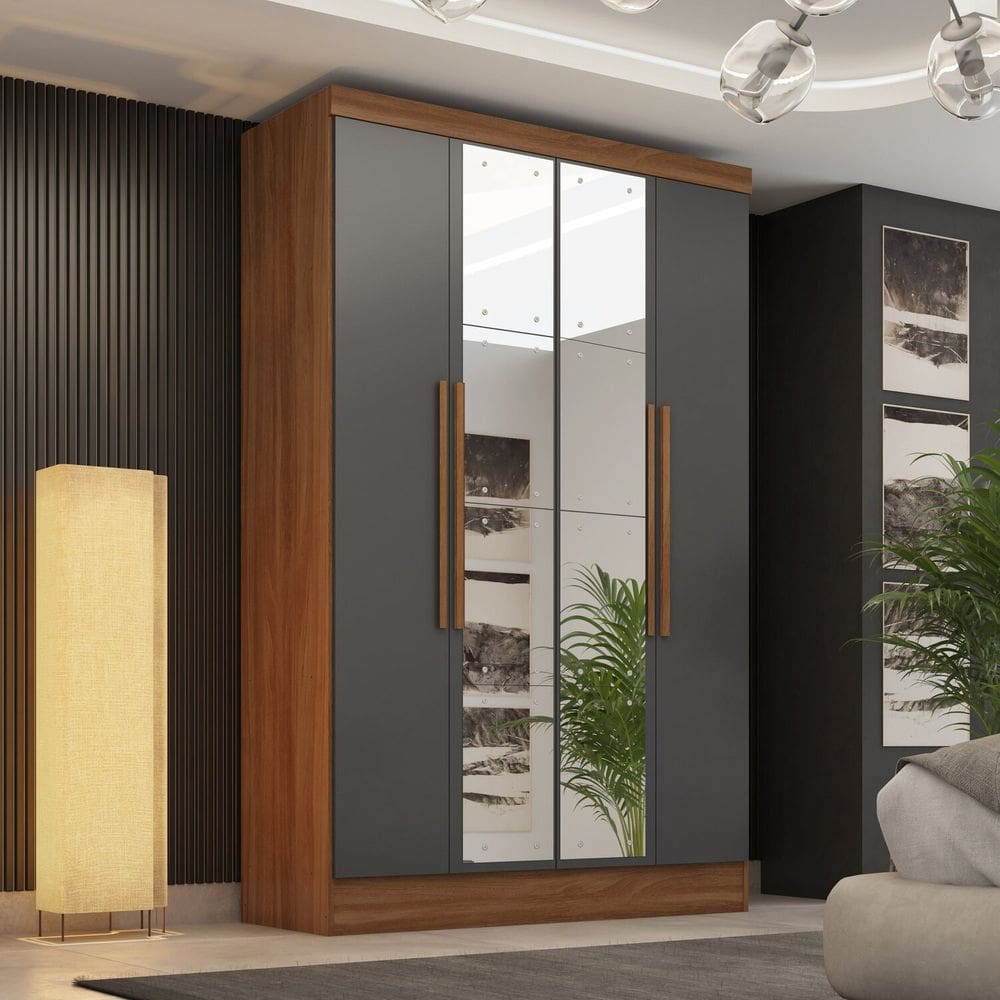 Guarda-roupa 4 Portas 3 Gavetas com Espelhos Sevilla Premium Espresso Móveis Cinamomo/Cinza