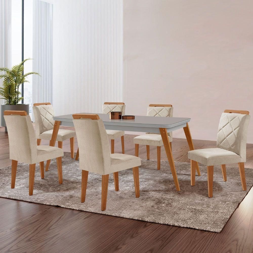 Mesa Copper 180cm Mdf Vidro E 6 Cadeiras Melissa Veludo Creme/off/naturale/serig Off Com Vidro