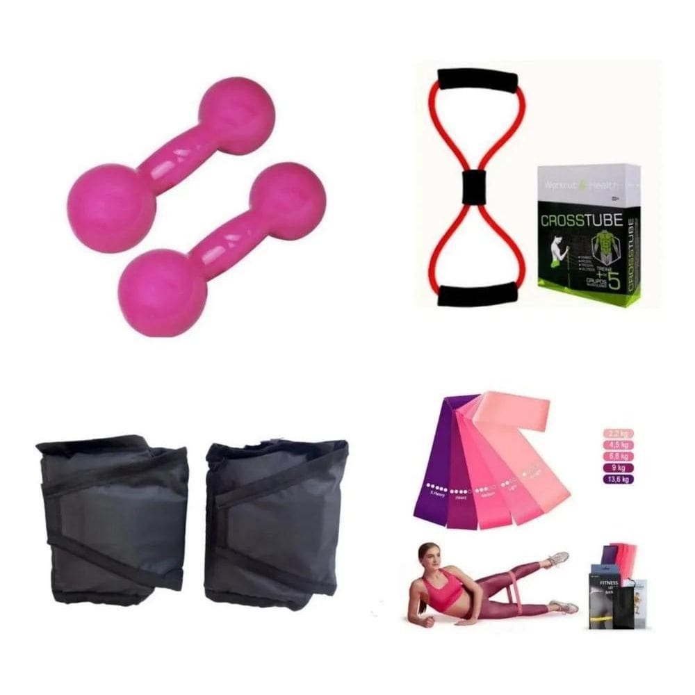 2X Halter 1 Kg Rosa + Caneleira 2 Kg + Elástico + Kit Therab