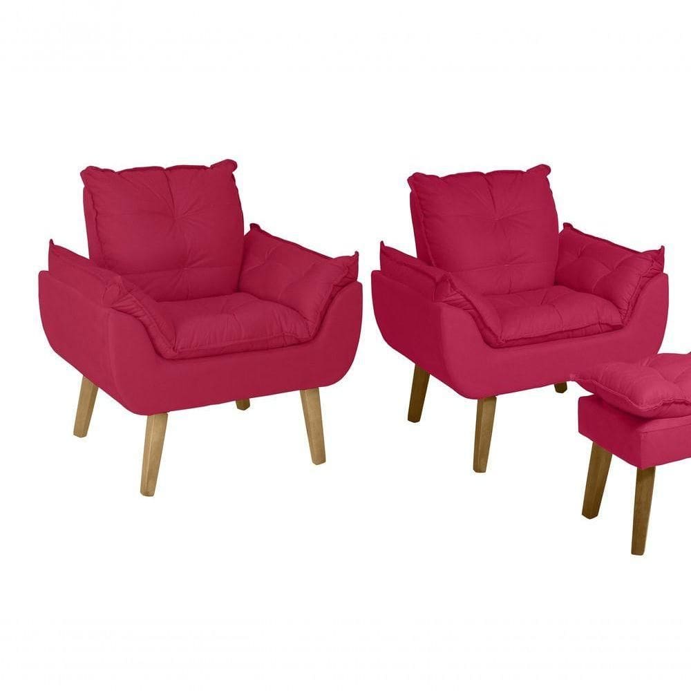 Kit 02 Poltrona/cadeira Decorativa E Puff Glamour Opala Com Pés Quadrado Vermelho