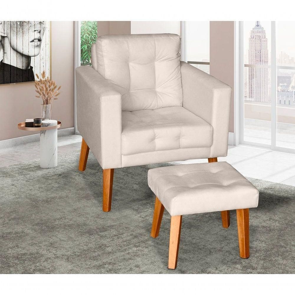 Sofá/poltrona/cadeira Decorativa Glamour Dubai Com Puff E Pés Em Madeira Bege