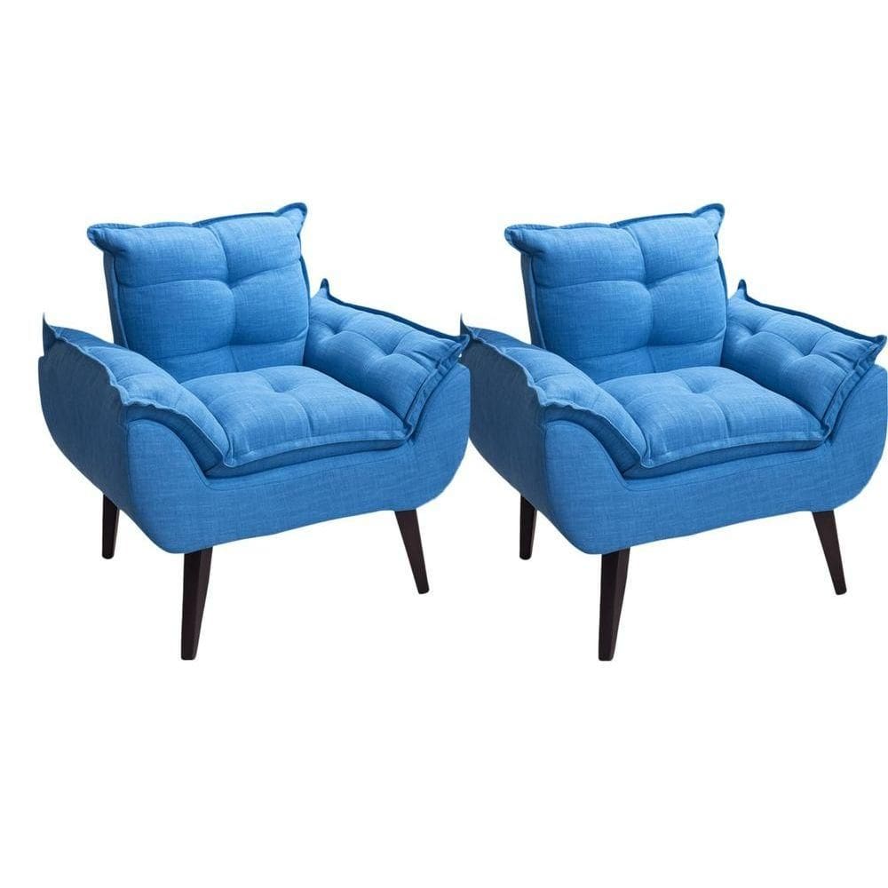 Kit 02 Poltrona/cadeira Decorativa Glamour Opala Com Pés Quadrado Azul Linho