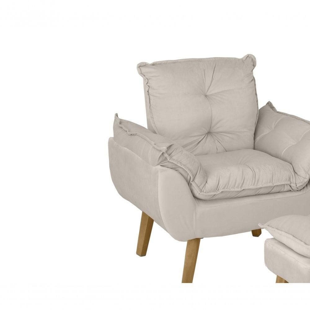 Poltrona/cadeira Decorativa E Puff Glamour Opala Com Pés Quadrado Bege