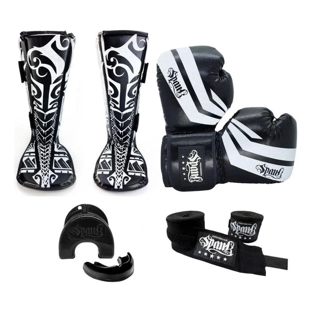 2X Kit- Muaythai Spank Preto Luva, Caneleira, Bandagem, Buc