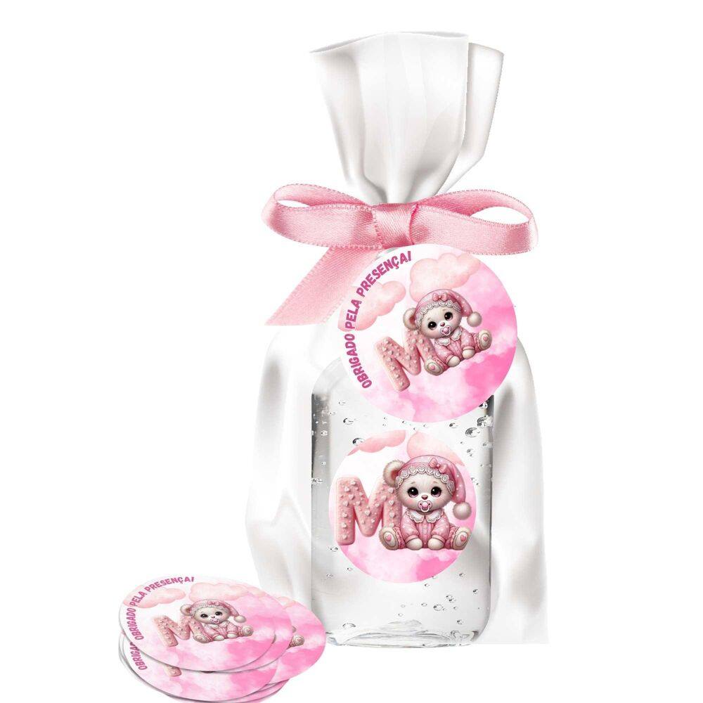 25 Lembrancinhas Alcool Gel Ursinha Rosa Alfabeto Letra M