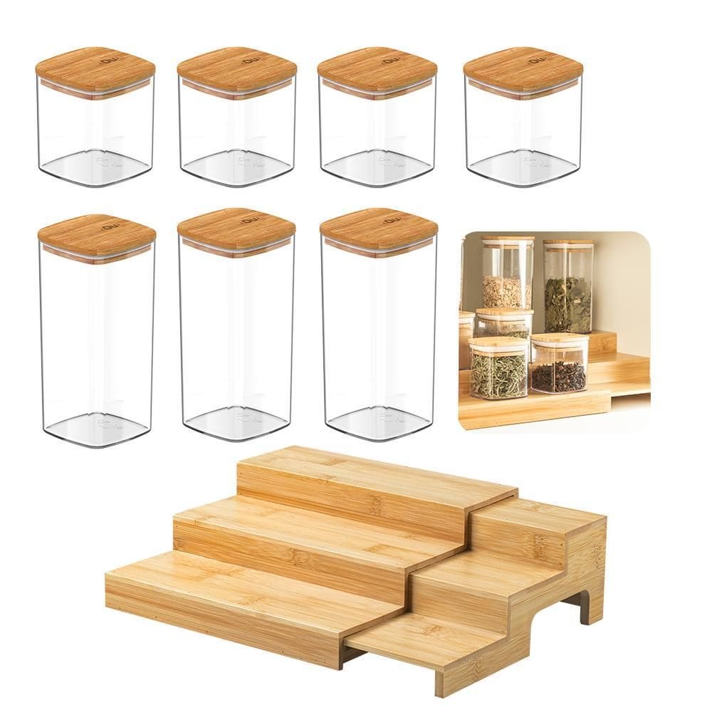 Kit Organizador Multinível Em Bambu Com 7 Potes Herméticos