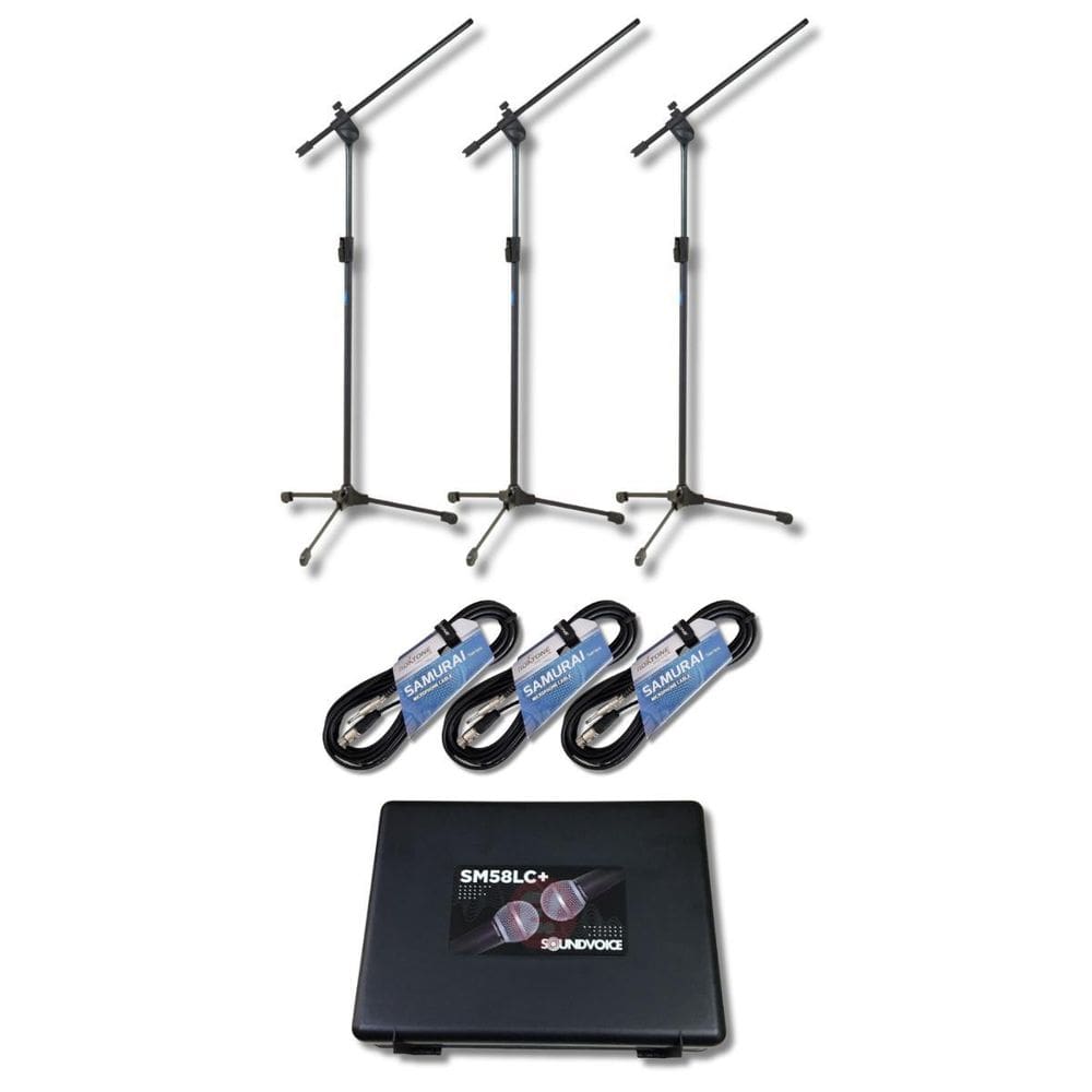 Kit 3 Microfone Sm58Lc + 3 Xlr X P10 5M E 3 Pedestal Mic Tps