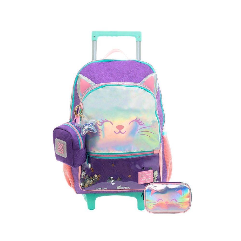 Kit Escolar Mochila Rodinha + Estojo Box Gatinho Glitter