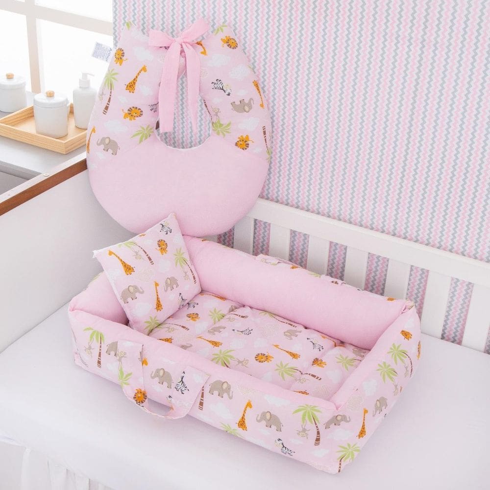 Kit Ninho Redutor + Almofada Amamentação Bebê Safari Rosa
