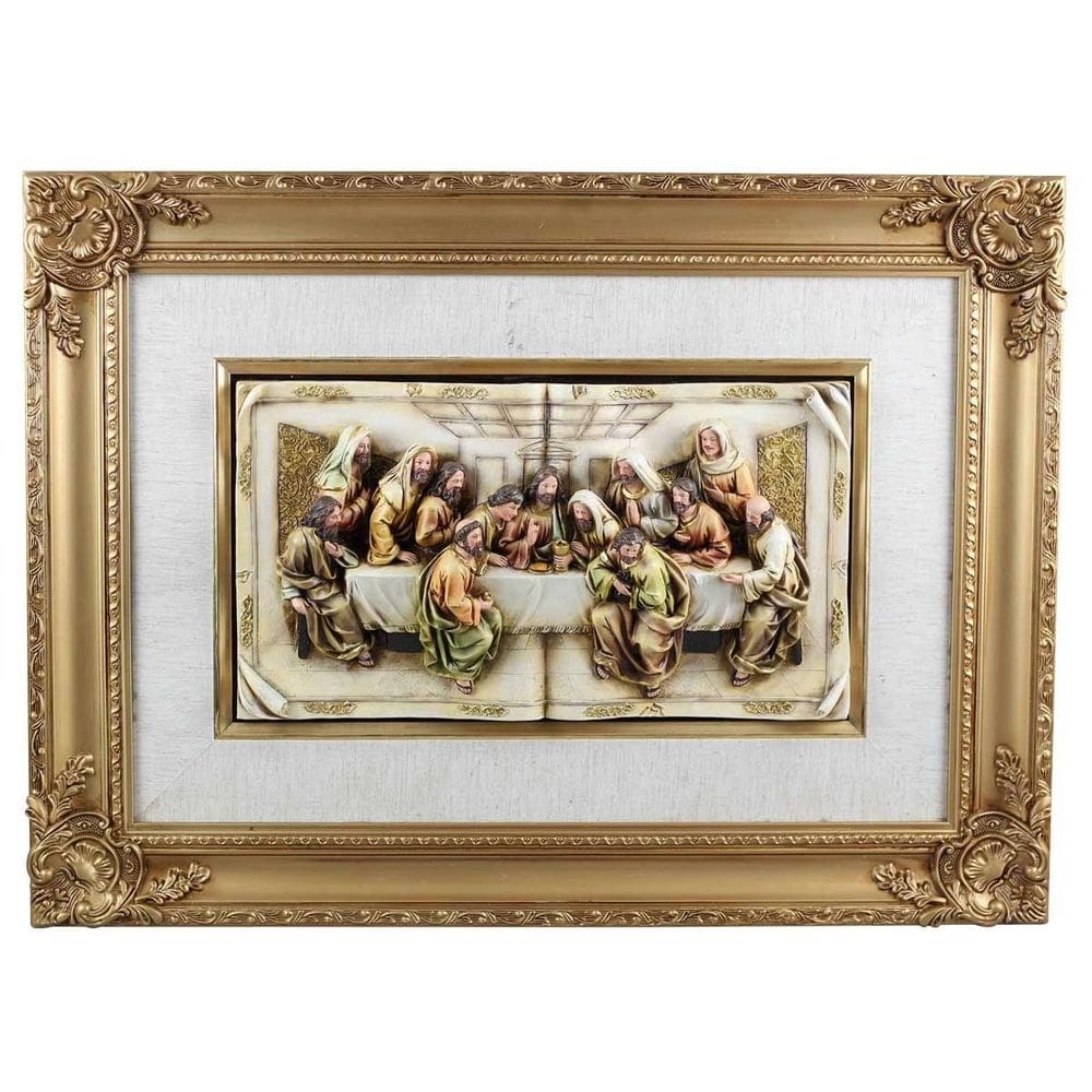 Quadro Santa Ceia Páscoa Dourado Detalhes Em Tecido 74Cm