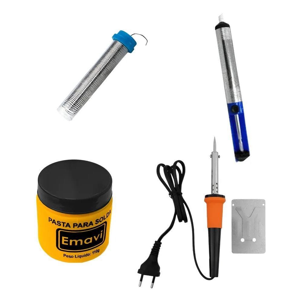 Kit Ferro De Solda 60W Com Estanho + Sugador + Pasta Solda