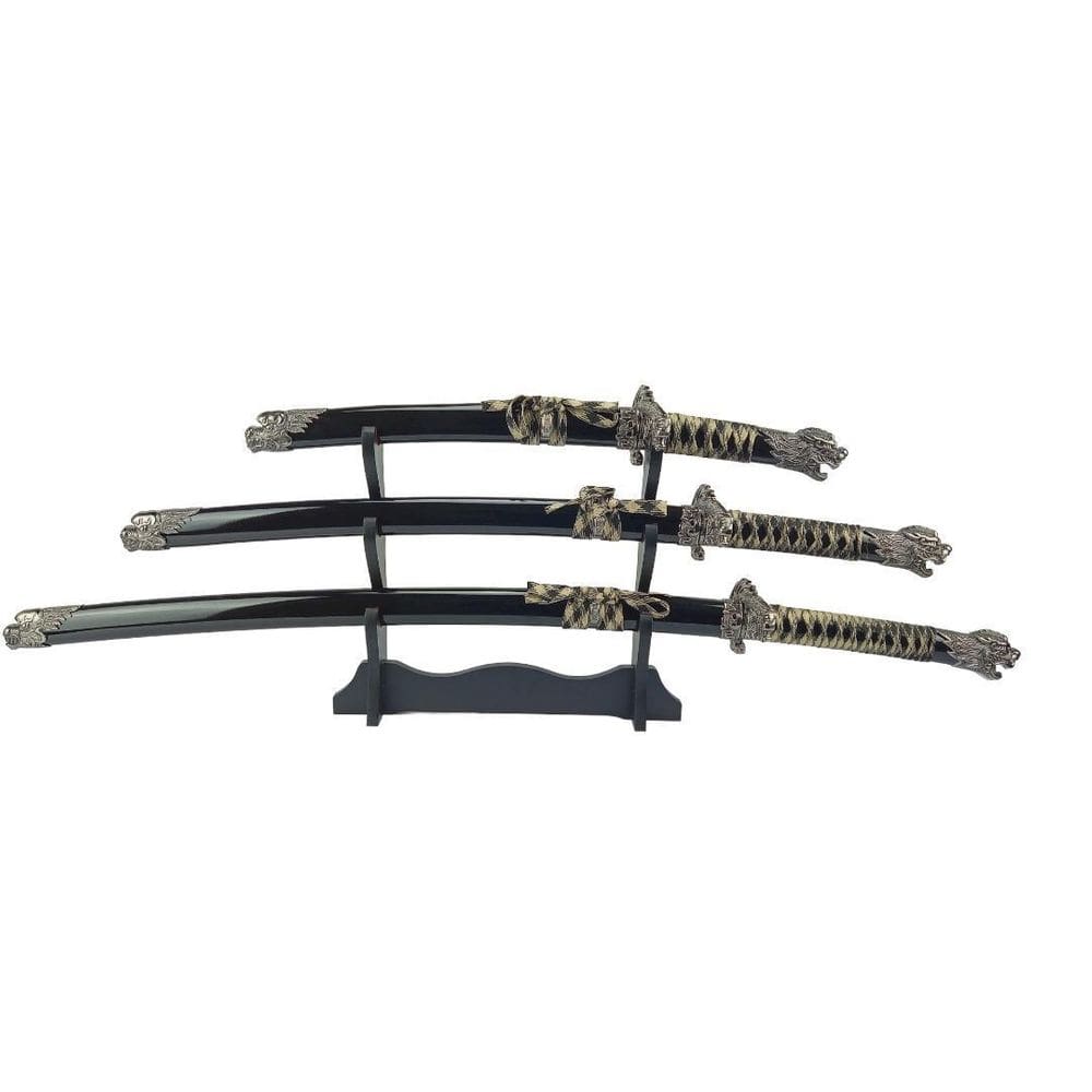 Kit 3 Espada Katana Dragão Decorativa Suporte Mesa