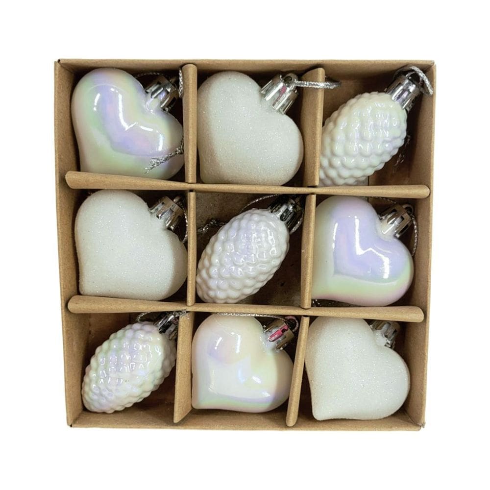 Kit Decoração Natalina Pinha e Coração - 9 Peças - Branco