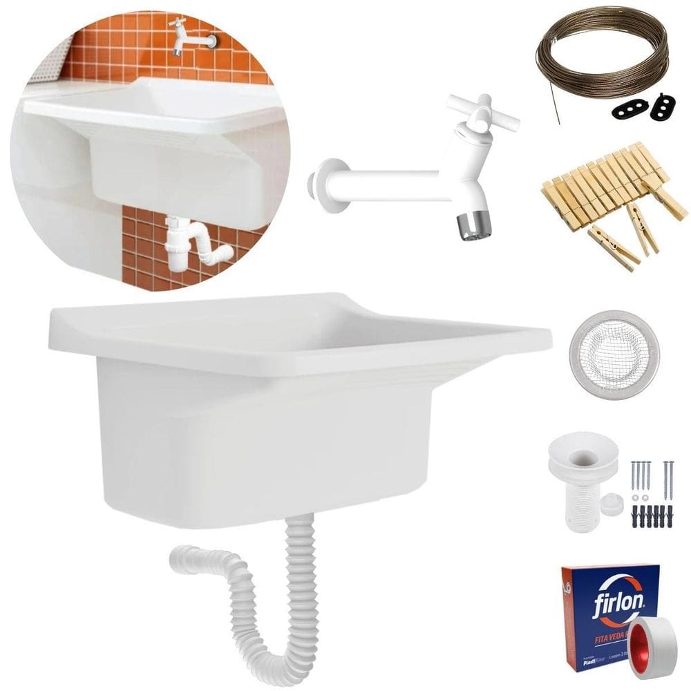 Tanque 22L Branco + Sifão + Torneira + Varal + Prendedor