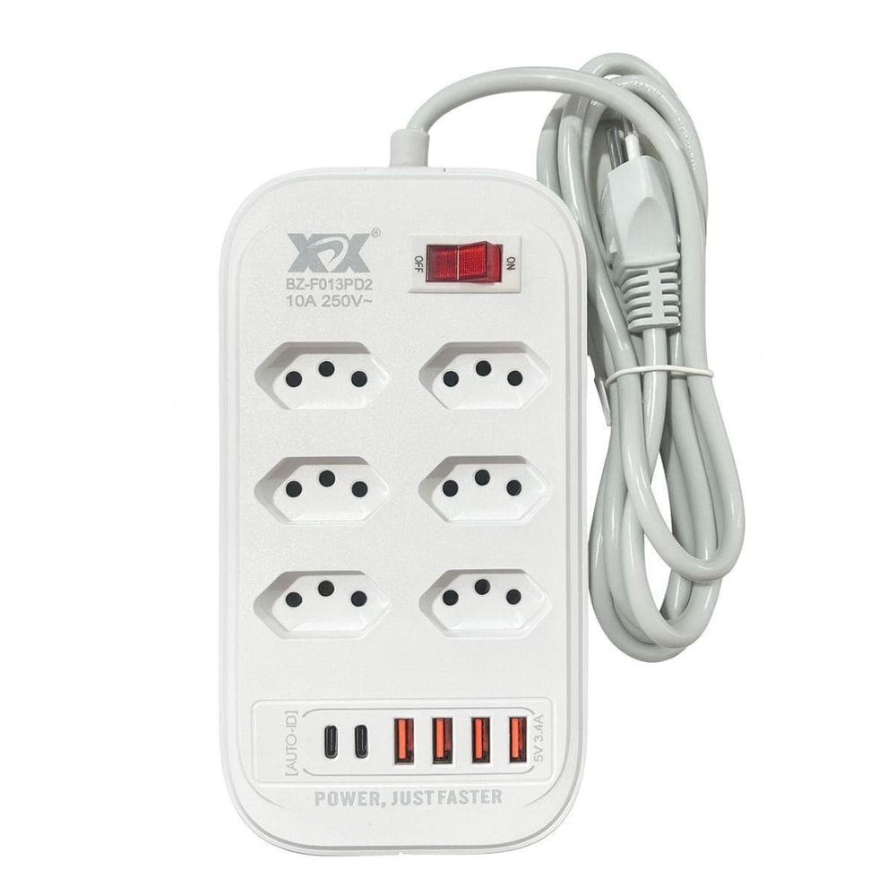 Extensão Soquete 6 Tomadas + 4 Usb + 2 Tipo C 10A 2 Metros