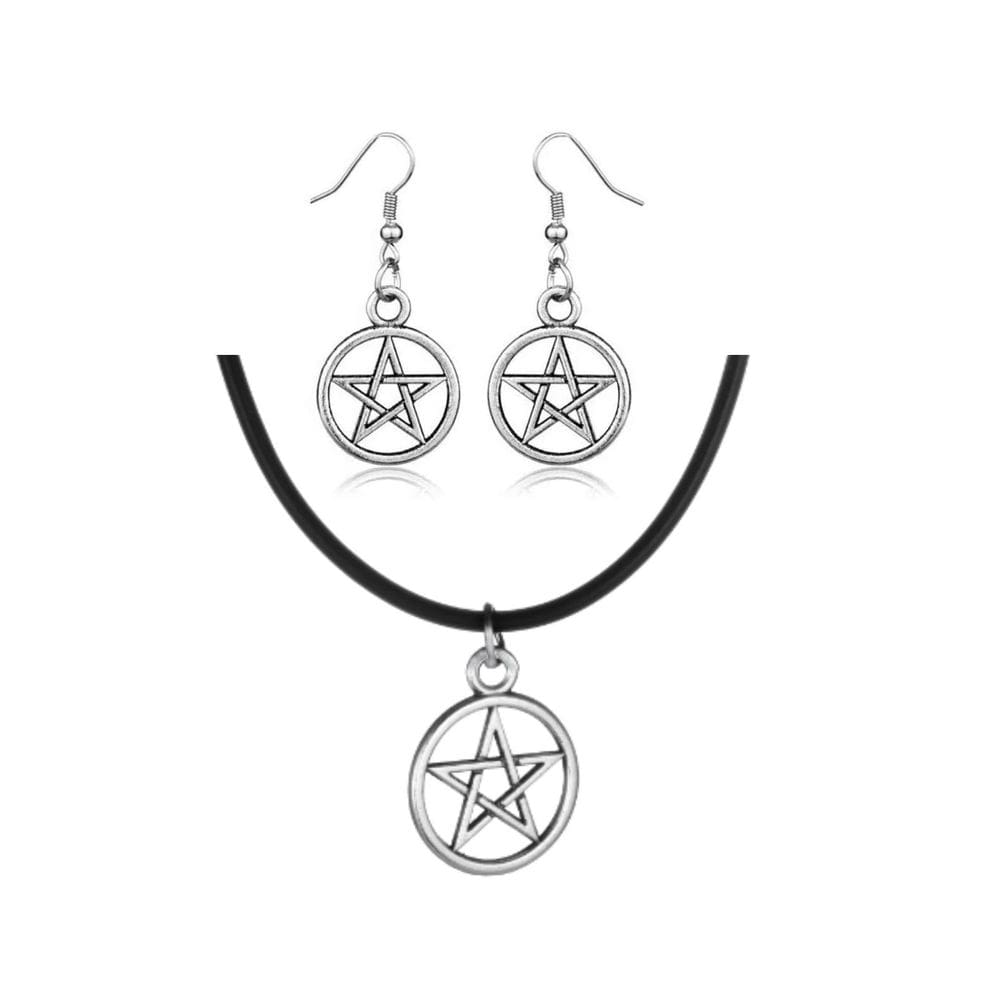 Conjunto Colar E Brinco Pentagrama Prateado Pequeno Delicado