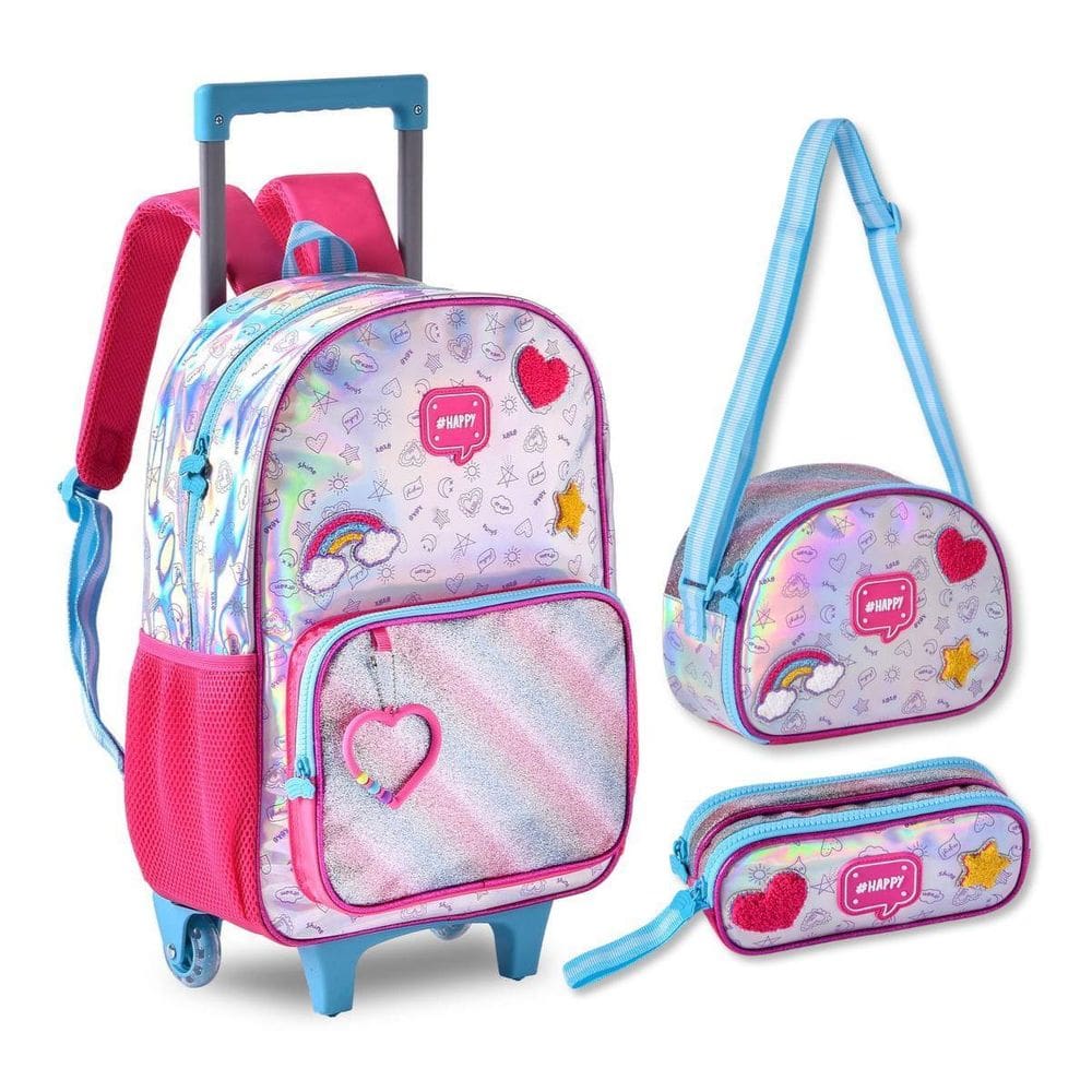 Kit Mochila Carrinho Holográfica Lancheira Térmica E Estojo