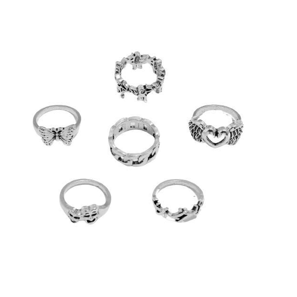 Kit Anel Prateado Borboleta Mascara Coração Espinho 6 Aneis
