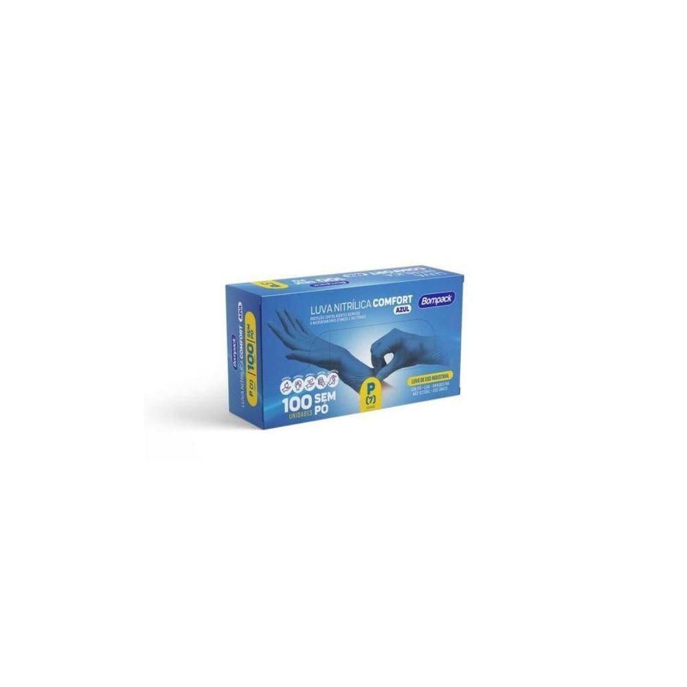 Luva Nitrílica Comfort Azul Sem Pó Bompack Tam P C/100 Un