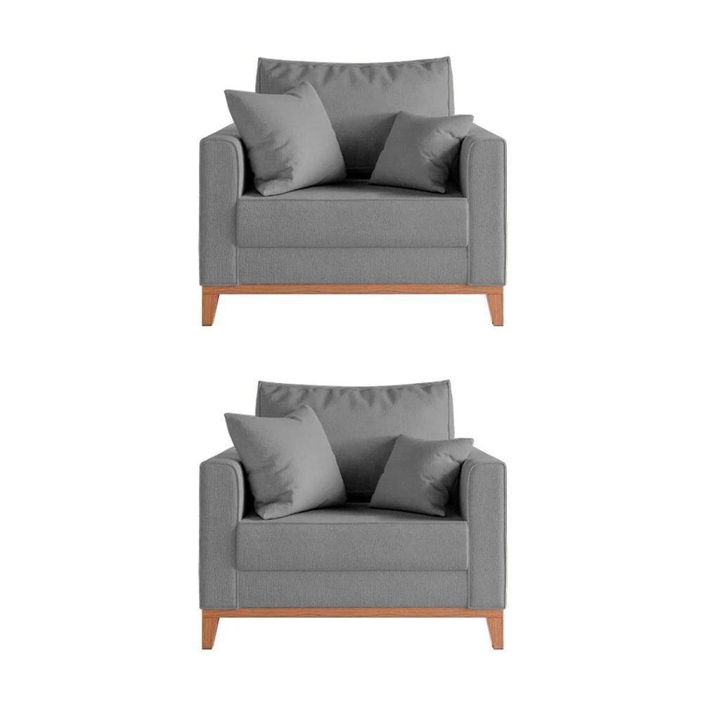 Kit 2 Poltronas Beny Amamentação Com 2 Almofadas Base Em Madeira Maciça Tecido Linho Cinza