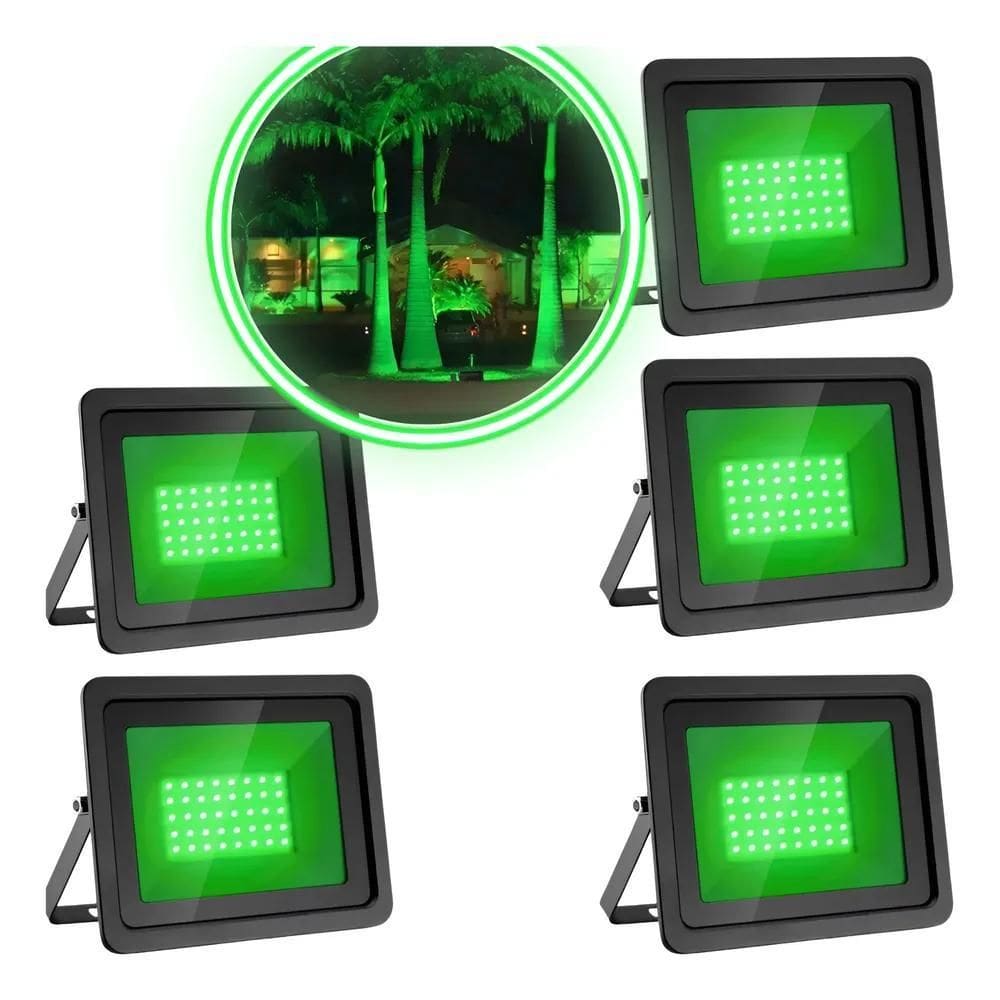 2X Kit 5 Refletor 20W Luz Verde Iluminação Bivolt Jardim Gra