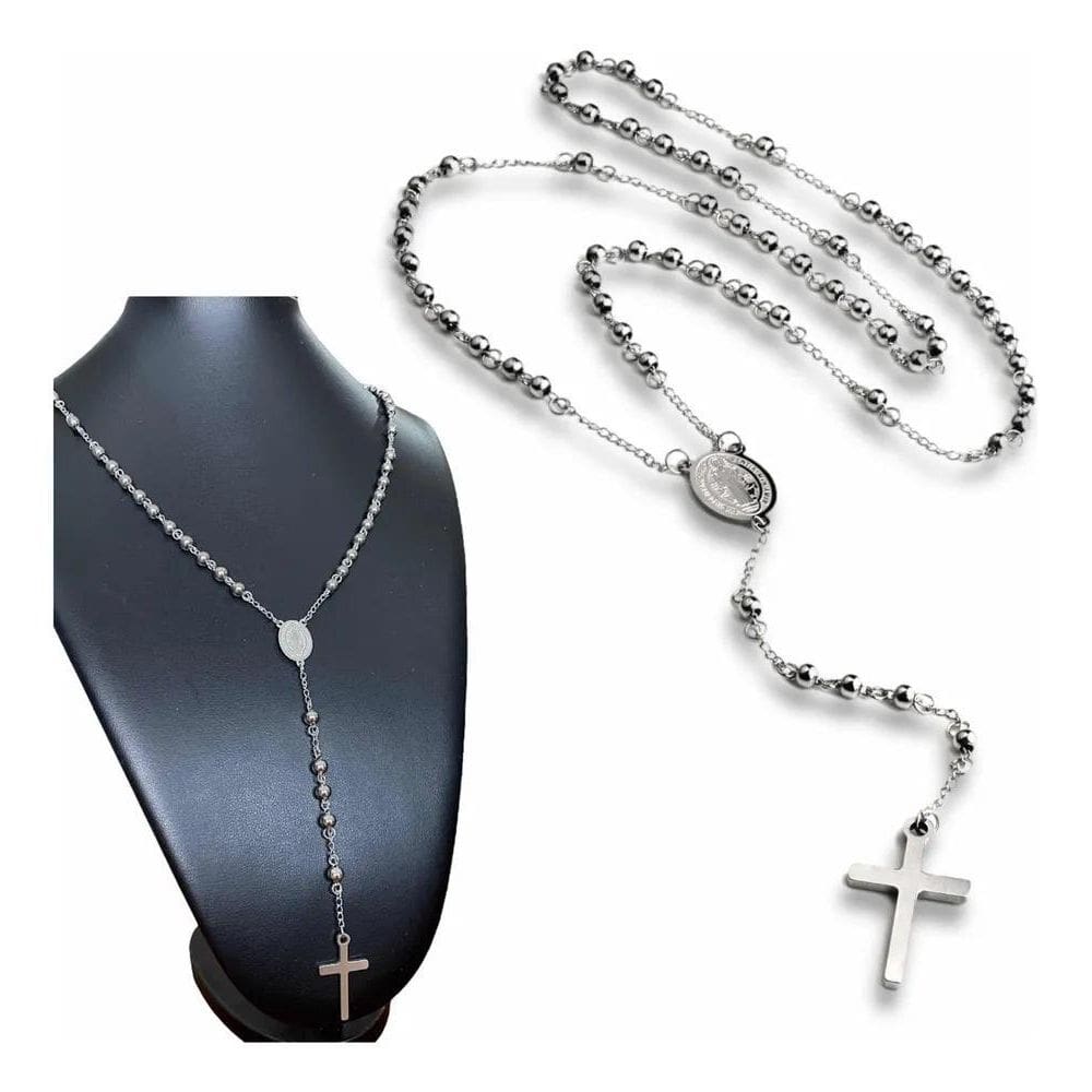 Colar Terço De Pescoço Aço Inox Medalha São Bento 70 Cm 6Mm