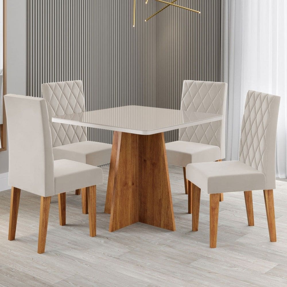 Mesa de Jantar 4 Lugares Evah Marrom/Blonde/Veludo Pastel - Viero Móveis