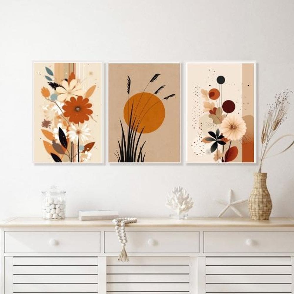Kit 3 Quadros Bohos Flores Folhas Sol Terracota 45X34Cm