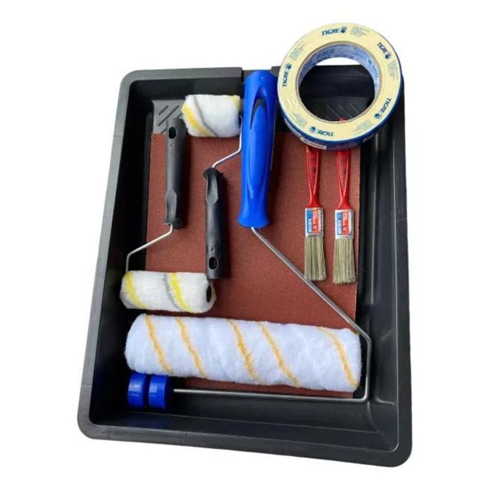 2X Kit Pintura Parede Bandeja Rolo Lã Fita Crepe E Pincel 15