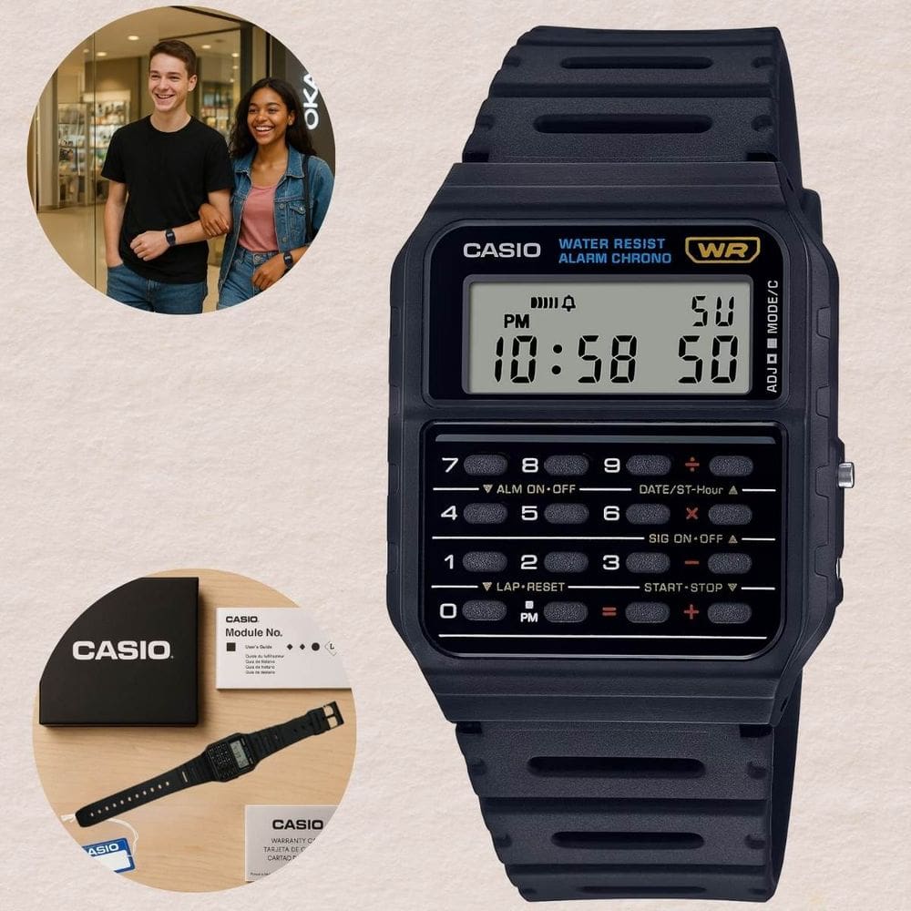 Relógio de Pulso Casio Masculino Hora Dupla Crônometro Calculadora Quadrado Calendário Esportivo Digital Resistente à água Preto CA-53W-1Z