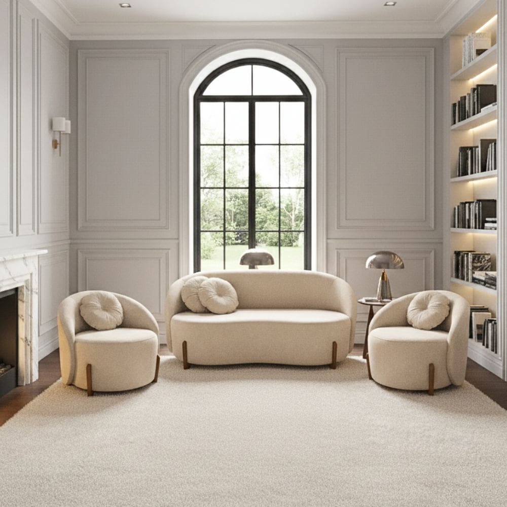 Kit 01 Sofá 2 Lugares + 02 Poltronas Orgânicos c/ Almofadas Curvo Sala Recepção Amsterdã Boucle Bege - Montanari`s Decor