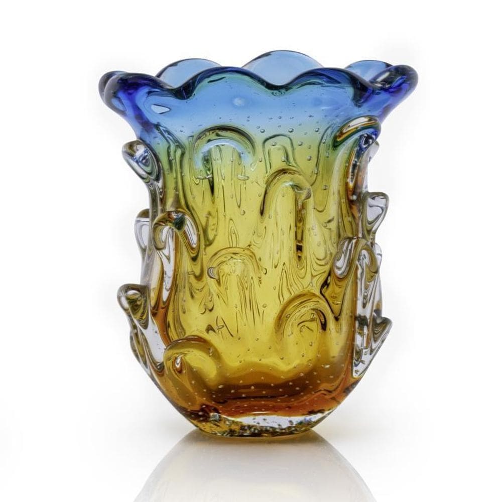 Vaso Em Cristal Murano Água Marinha E Âmbar São Marcos 21Cm